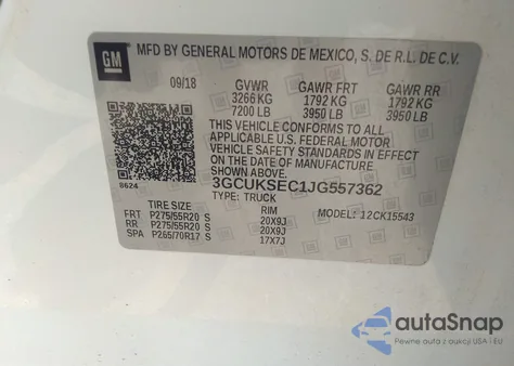 2018 Chevrolet Silverado 1500 2Lz z USA, uszkodzony, nr VIN 3GCUKSEC1JG557362